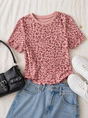 Leopard Print Ribbed Top Pink Short Sleeve Fitted Tee Size M Y2K Aesthetic